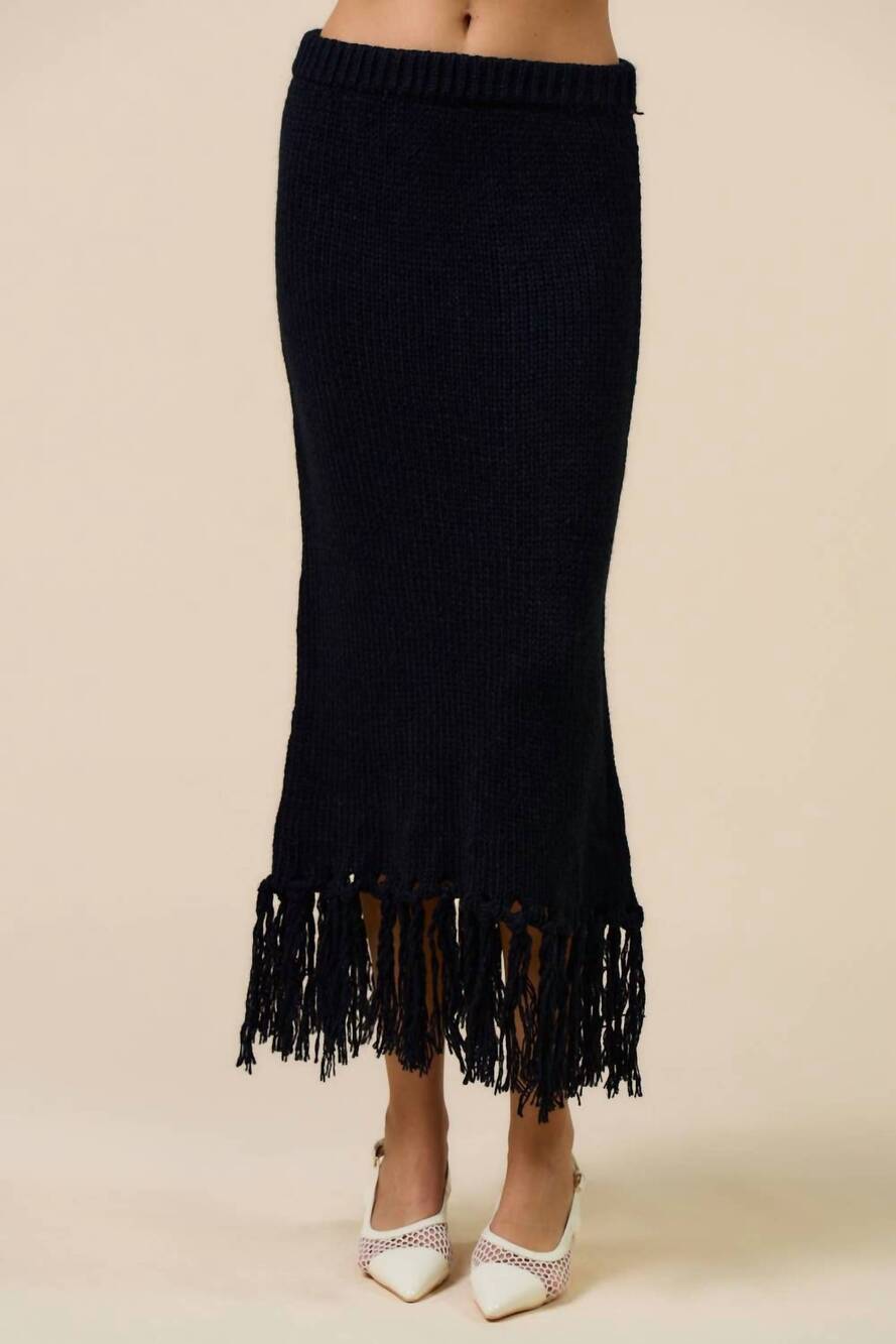 NEW LALAVON women's tassel trim knit skirt in black